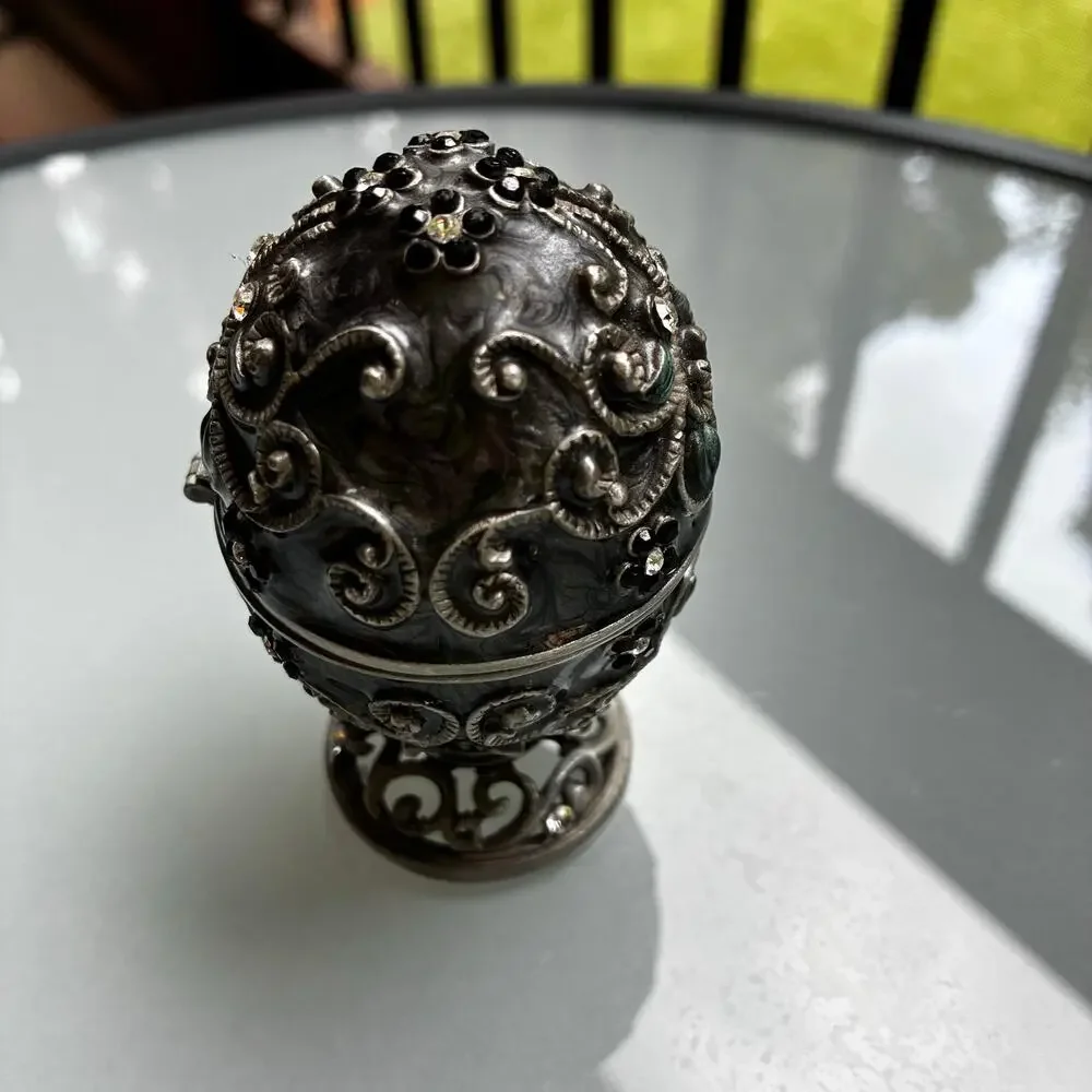 Vintage Jeweled Egg Trinket Box Hinged Pewter Rhinestone Decorative Keepsake